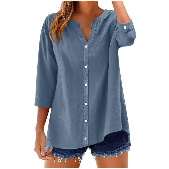 Chiccall Womens Button Down Shirts 3/4 Length V Neck Shirts Casual Trendy Lightweight Fall Tops Blouse