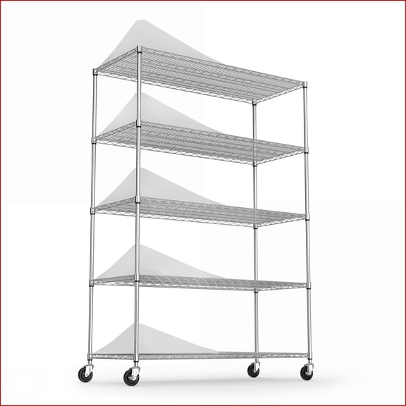 Storage Rack 5 Tier Heavy Duty Adjustable with Wheels & Shelf Liners - 82"H x 48"L x 24"D | Chrome | Metal
