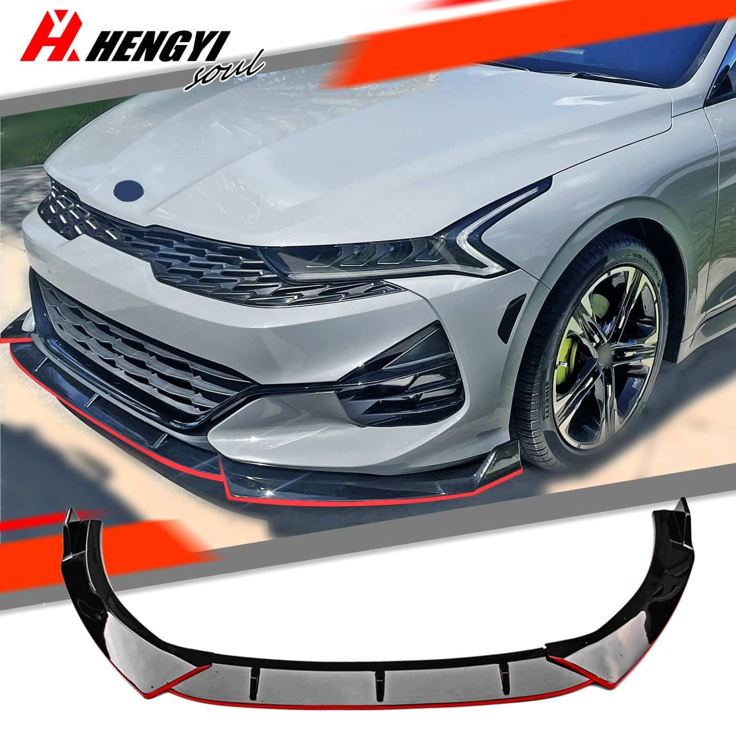 3PCS Set Front Bumper Lip For KIA K5 GT, GT-Line, EX, LX 2020-2024 All Models, Bumper Front Spoiler Air Dam Chin Front Splitter Lip Lower Protector, Gloss Black with Red Trim