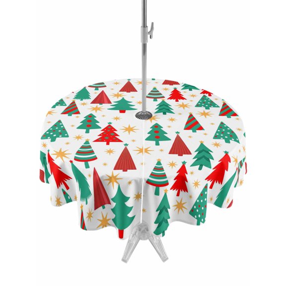 Outdoor Tablecloth with Umbrella Hole and Zipper, Christmas Trees Round Table Cloth 60 Inch Waterproof Tablecloth, Red Green Xmas Tree Star Winter Holiday Picnic Table Cover for Patio Camping