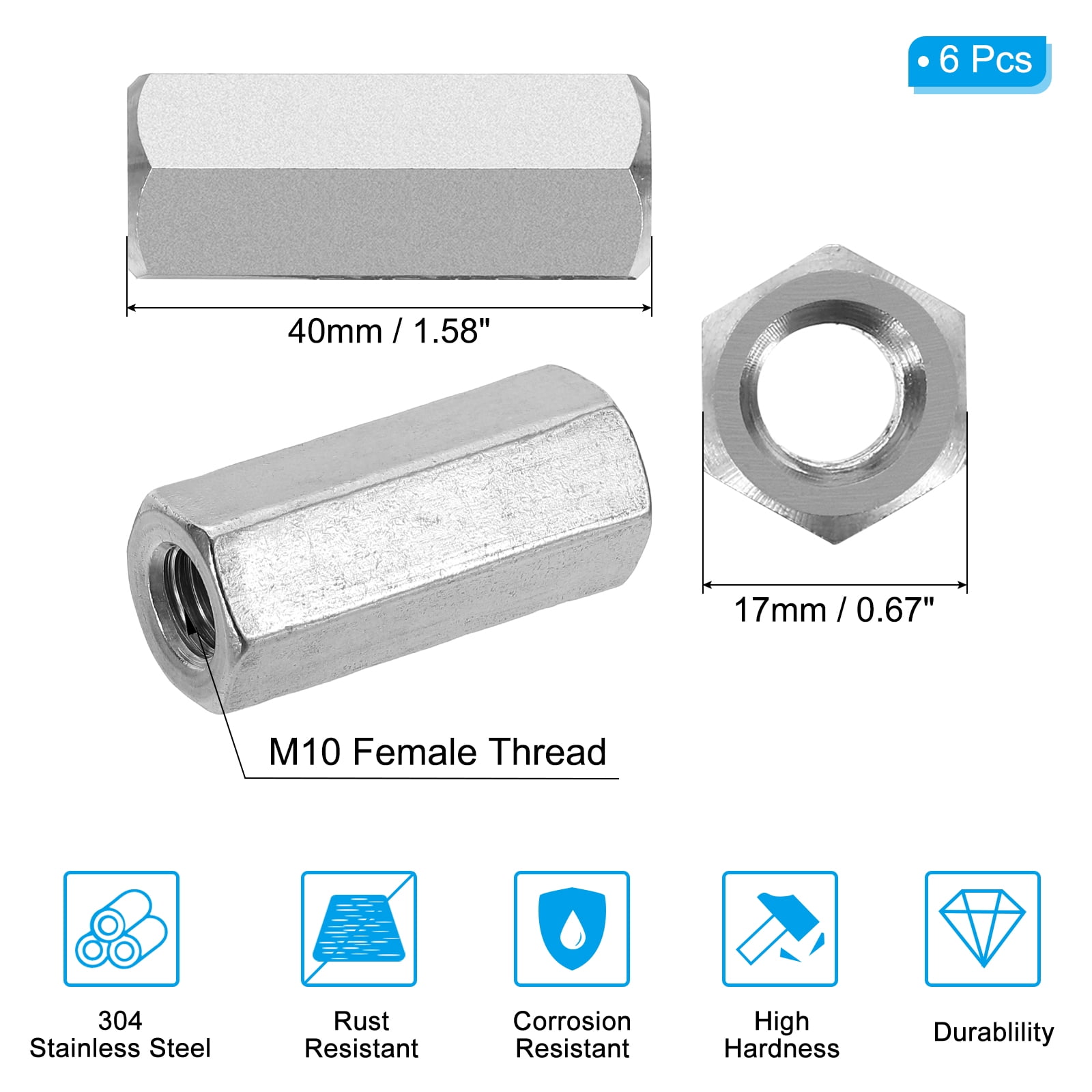 Uxcell M10x1.5mm Stainless Steel Hex Coupling Nuts, 6pcs 40mm Threaded Rod Connector