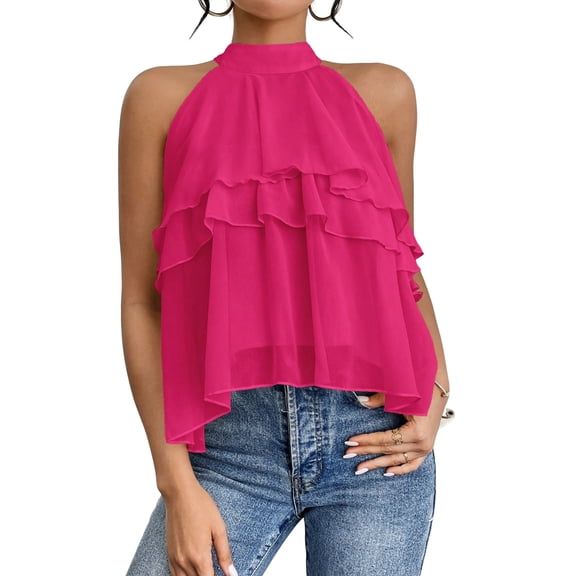 Women'S Layered Ruffle Hem Sleeveless Halter Chiffon Blouse Flowy Tank Tops Rose Red M