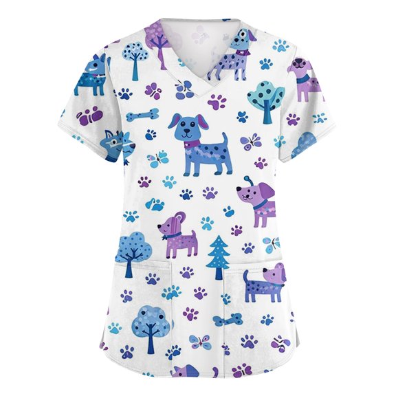 Kixjoy Cute Scrubs for Women Oversized Short Sleeve V Neck Scrubs Animal Printed Stretchy Medical Tops Casual Lightweight Womens Uniform Tops with Pockets, White L