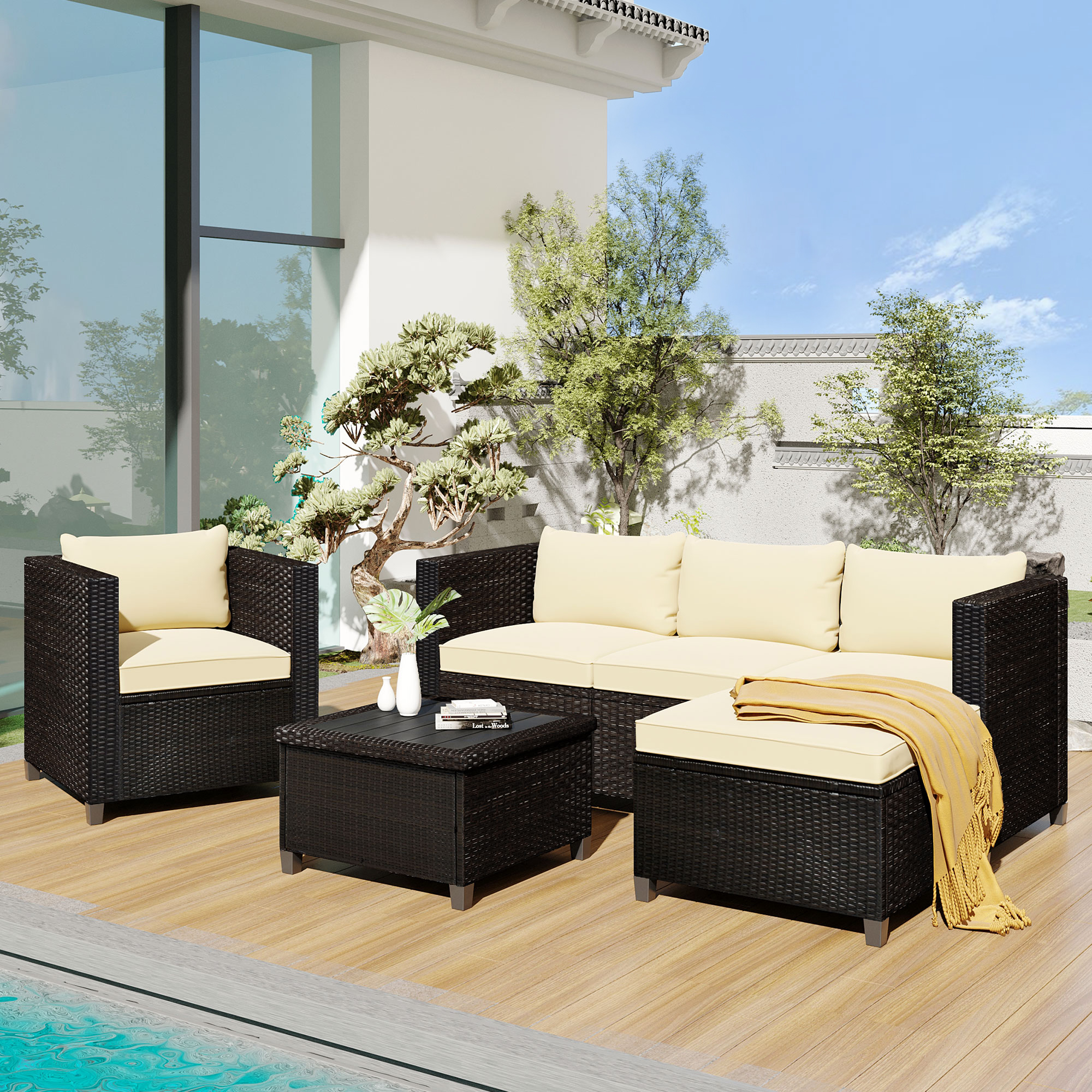 Wicker Sectional Table and Chairs Sets, 5 Pieces Outdoor Wicker Patio Furniture Set with 3-Seat Sofa and Ottoman, Armchair, Rattan Table, Cushions, for Porch Backyard Garden, SS745 - image 1 of 11
