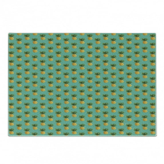 Fruit Cutting Board, Tropical Pineapples and Leaves Exotic Hawaiian Cuisine Vintage Design, Decorative Tempered Glass Cutting and Serving Board, Small Size, Turquoise Yellow, by Ambesonne