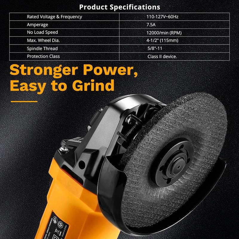 DEKO 110V Angle Grinder 12000 RPM 7.5A Power Tool Suitable for Sanding, Grinding, Wire Brushing & Abrasive Cutting Professional Grinding Electric Tool