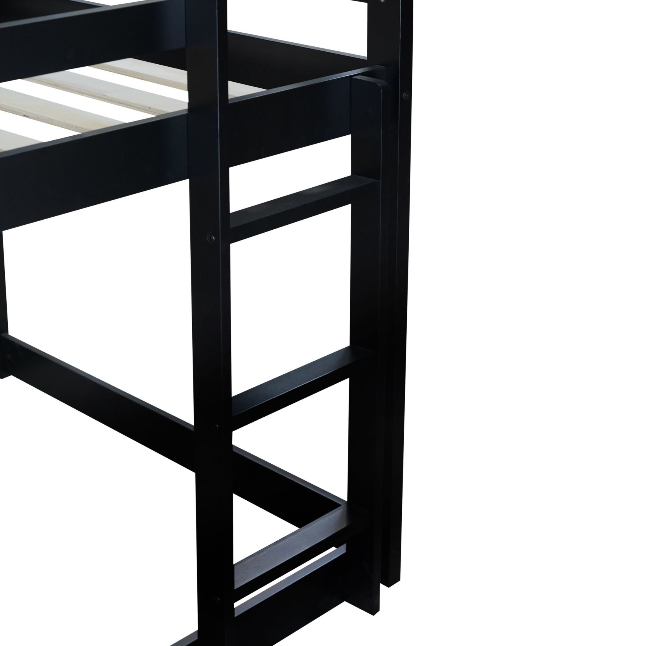 Noble House Sasa Twin over Twin Rubber Wood House Bunk Bed, Low Floor Design with Guardrails and Ladder, Black