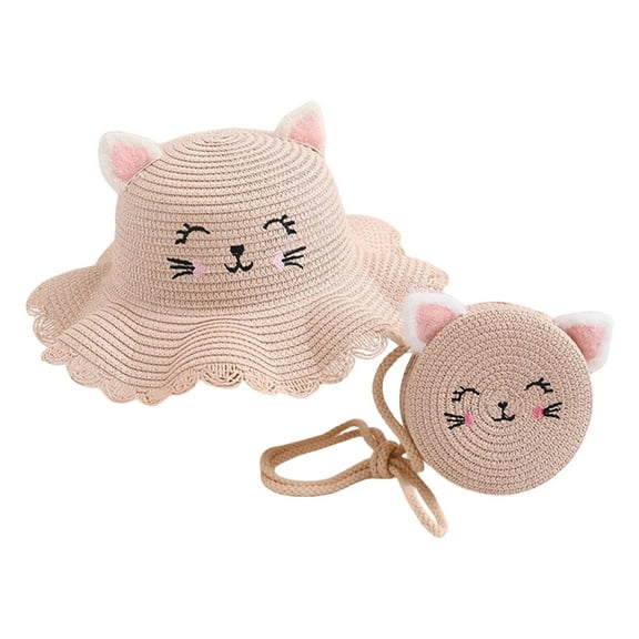 REDARER Toddler Girls' Cat Ear Straw Hat & Bag Set Foldable Sun Hat with Wavy Brim Summer Beach Accessories,One Size