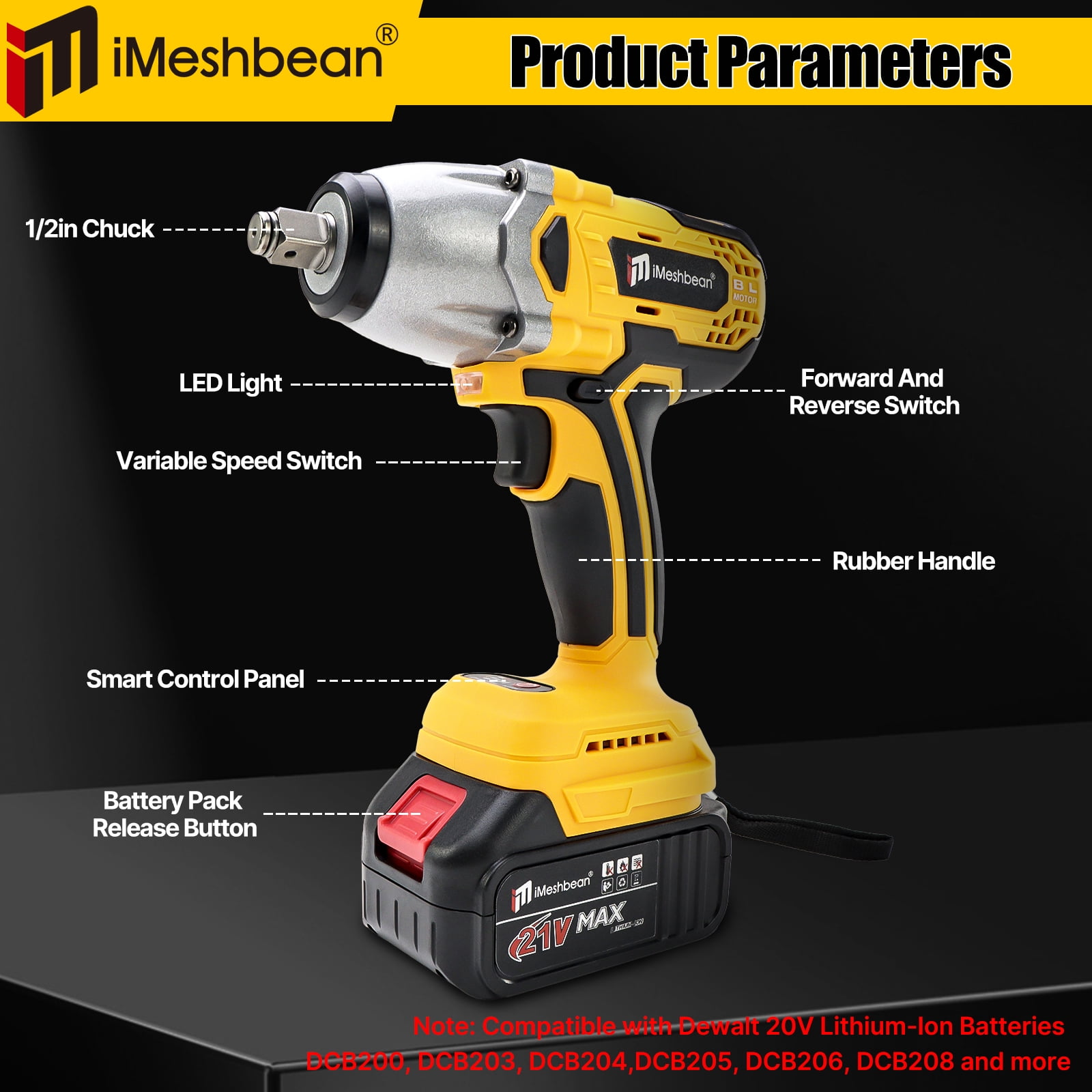 iMeshbean 1/2" Cordless Electric Impact Wrench Brushless Motor High Power Driver W/ 21V Li-ion Battery Fit For Dewalt