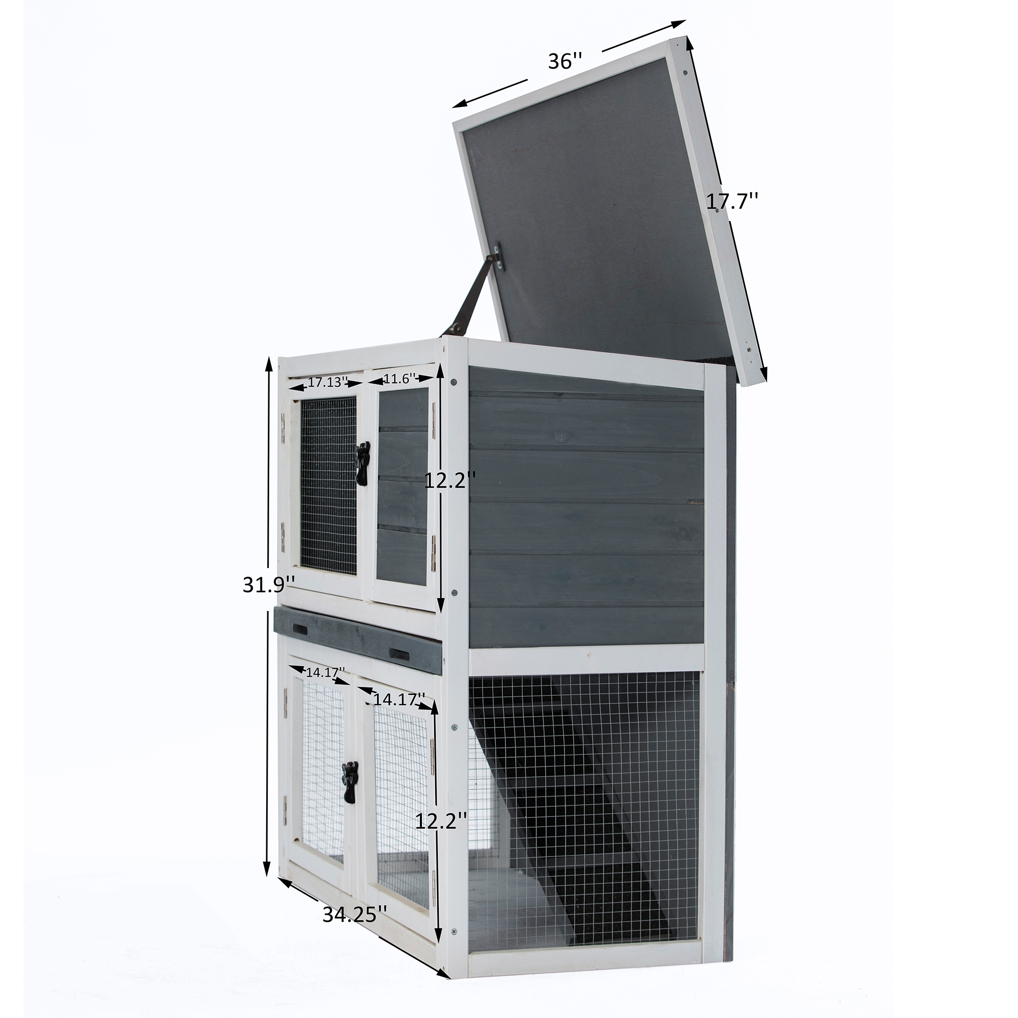Pefilos 36" Solid Wooden Rabbit Hutches with Easy Clear Tray 2-Layer Rabbit Cages for Outdoor Hen House Open-able Roof, Gray Pefilos 36" Solid Wooden Rabbit Hutches with Easy Clear Tray 2-Layer Rabbit Cages for Outdoor Hen House Open-able Roof, Gray