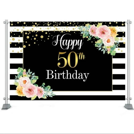 Image of 0th Birthday Backdrop for Women Black Stripes Background with Flower Fabulous Fifty Birthday Party Banner Backdrop