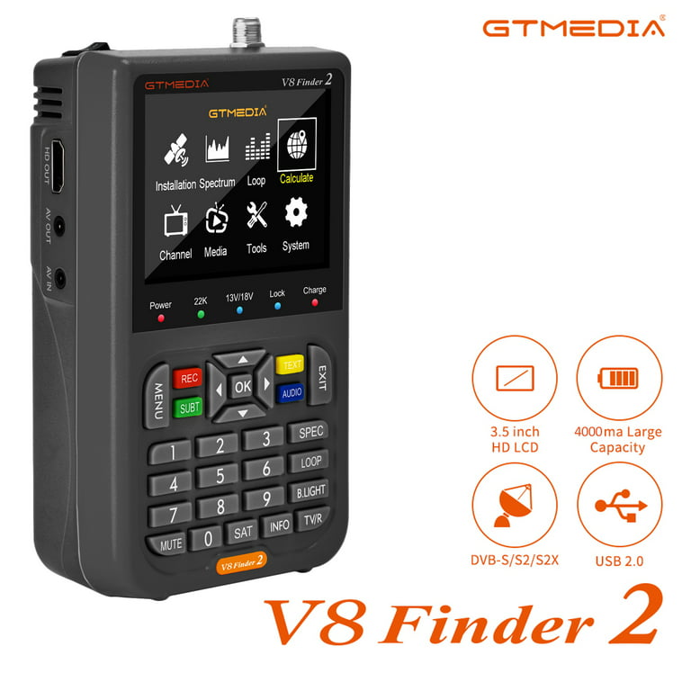 V8 Finder2 Satellite Finder Digital FTA DVB-S/S2/S2X Signal Measuring Meter  Detector Receiver LCD Screen for Adjusting Sat TV Dish with Backpack(Gray)