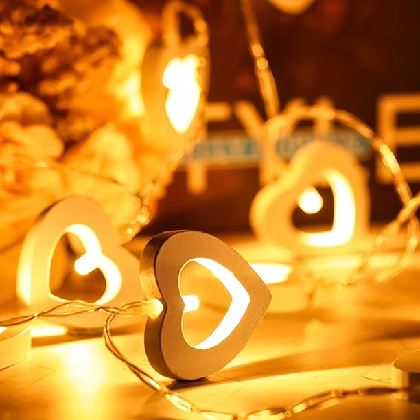 1 cadena de luces decorativas de 1,5 m con 10 LED de madera blanca en forma de corazón, con batería y fuente de alimentación, ideal para San Valentín, Día de la Madre, boda, propuesta de matrimonio,