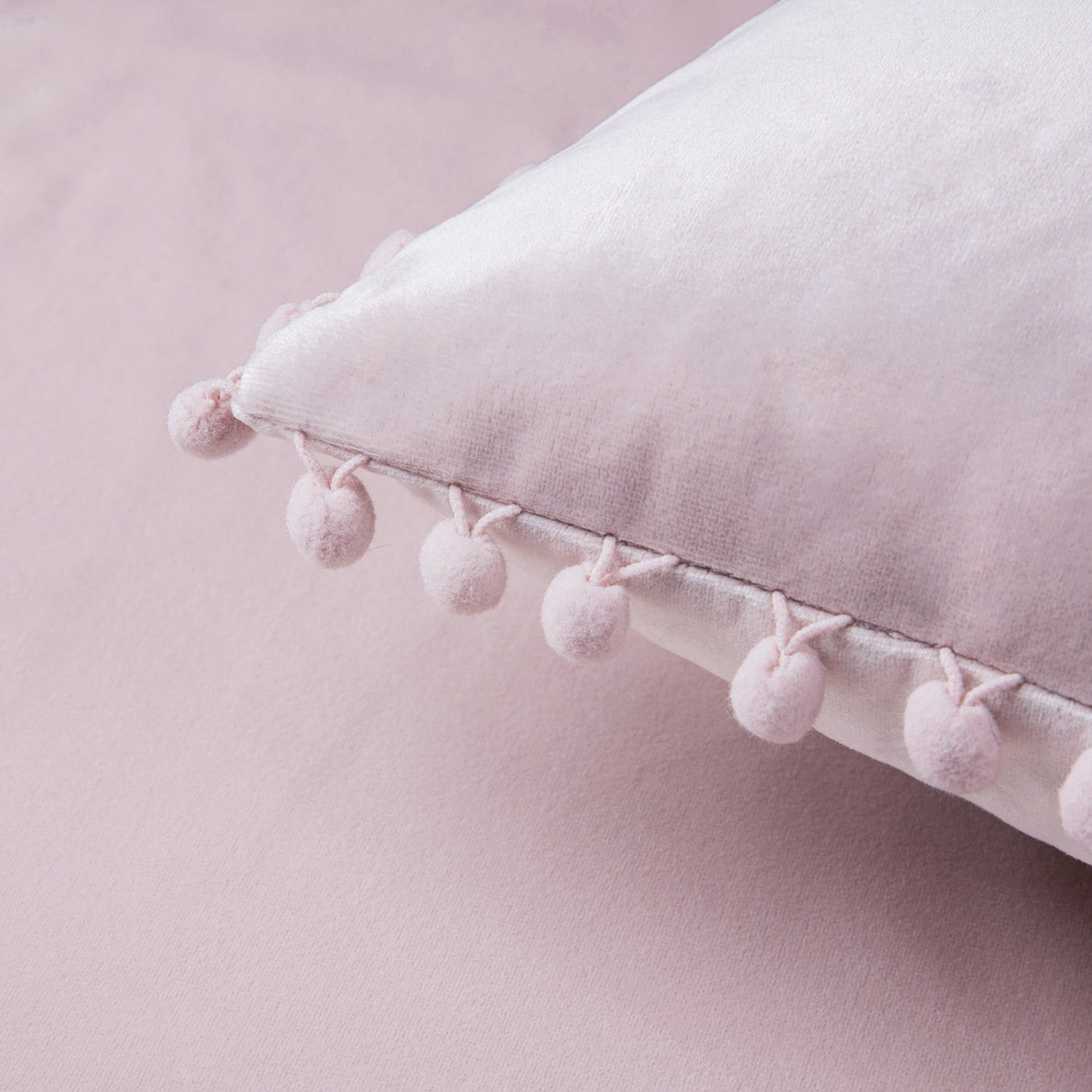 Phantoscope Light Pink Throw Pillow Covers 2 Pack, 12" x 20" Velvet Decorative Pillow Cases with Pom Poms, Soft Square Cushion Covers for Couch Sofa Bed