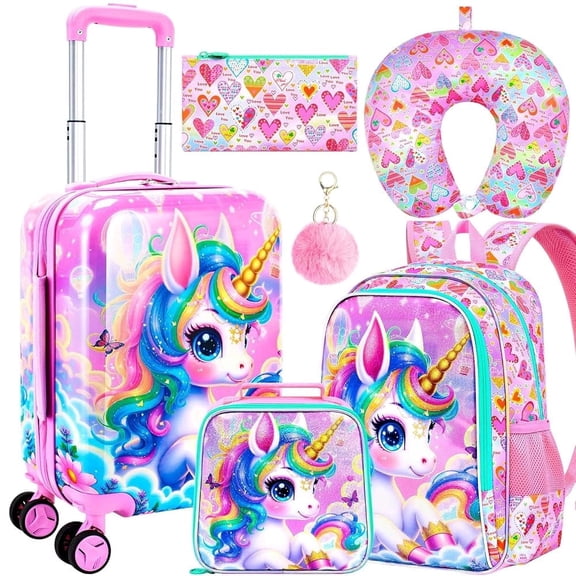 5-Piece Luggage for Girls – Magical Hardshell Kids Suitcase with 360° Spinner Wheels, Lightweight Airline-Approved Carry-On (16") for Travel, Golden-Horned Unicorn Pink