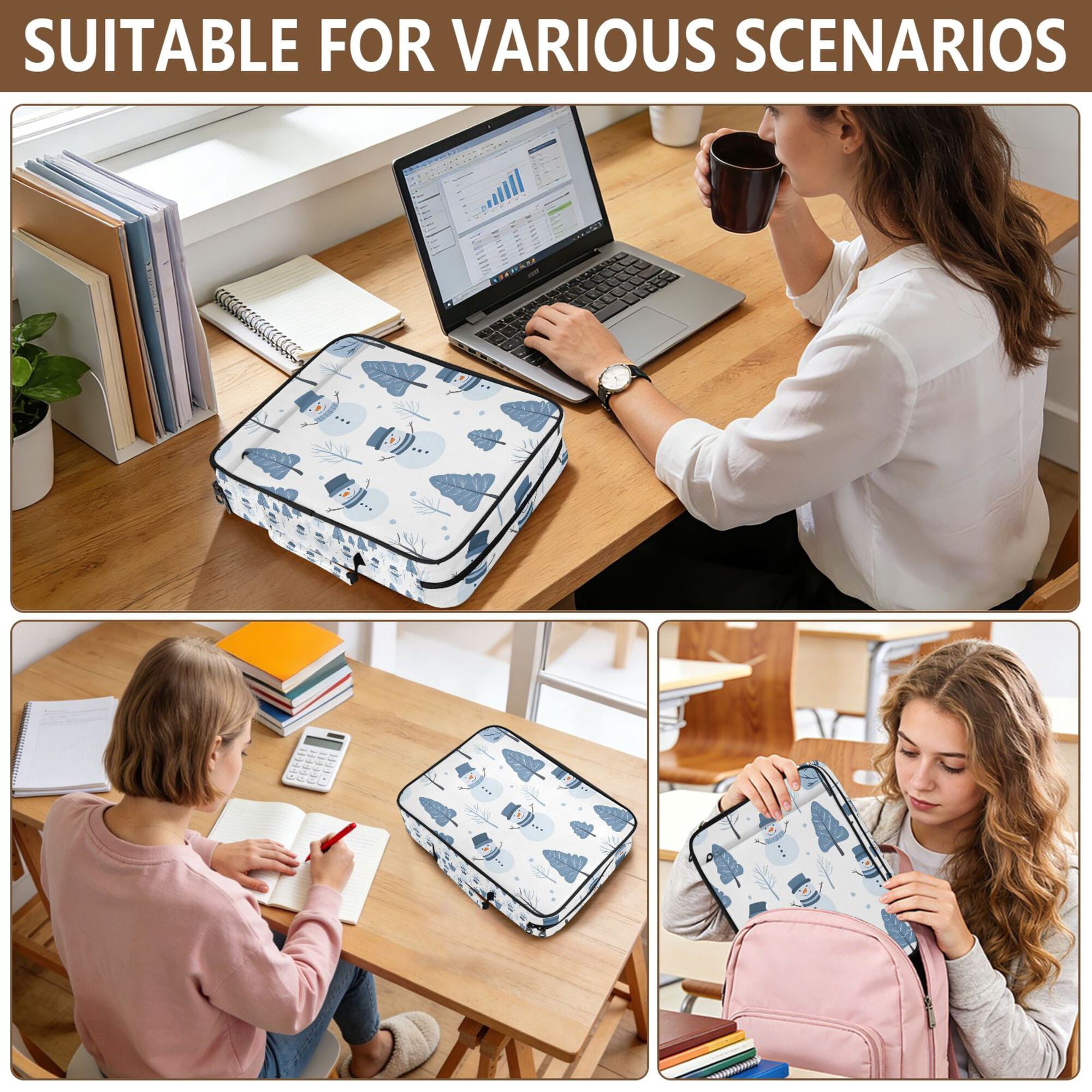FORMRS Accordion File Folder A4 Size 7-Pocket Expanding Document Organizer Bag with 3 Ring Binder, White Snowman