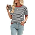 thumbnail image 3 of Womens Tops Casual Summer Crewneck Short Sleeve Striped Color Block Knit High Low Trendy Pullover Sweaters Black & Red XL, 3 of 9