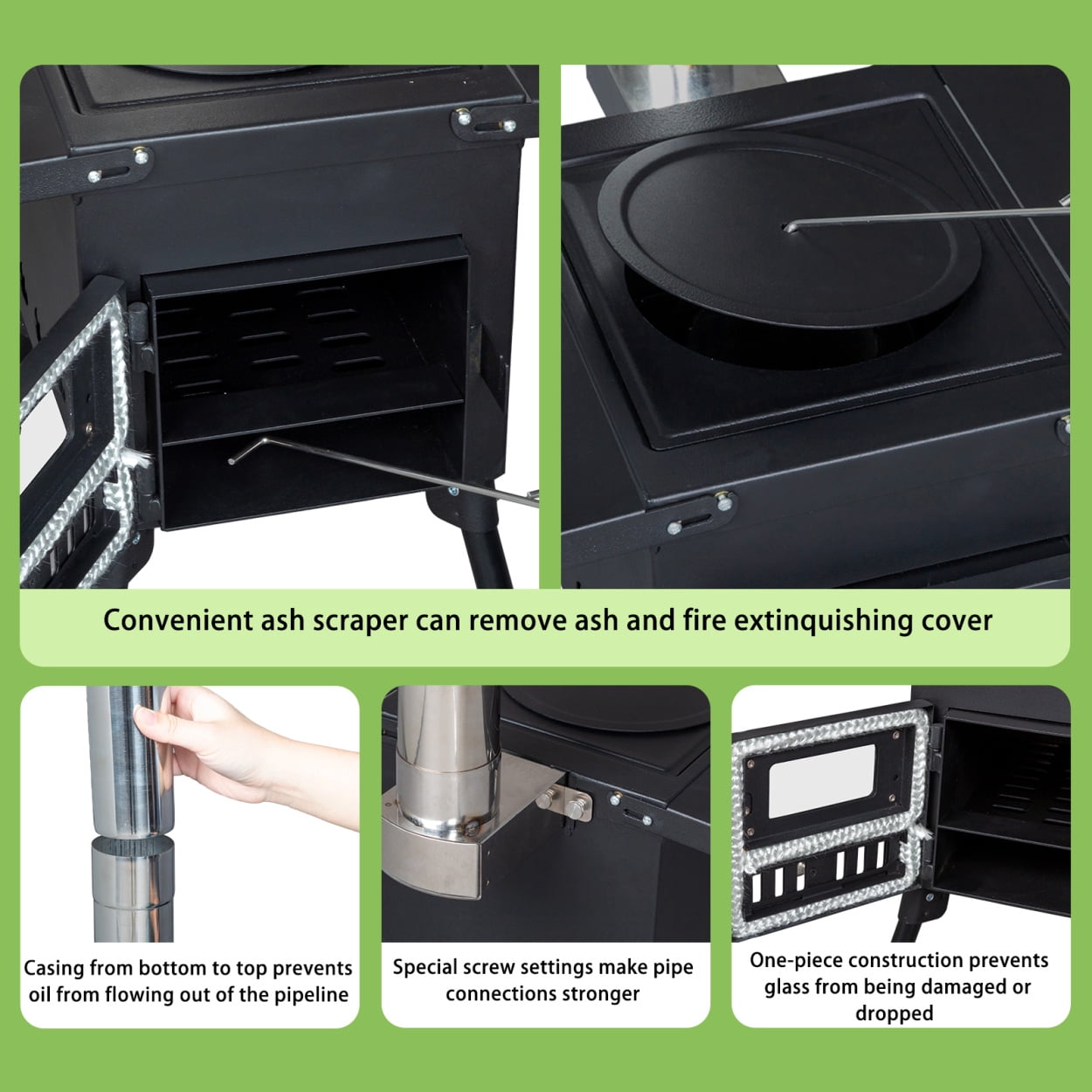 22.56*12.2*14.56 Outdoor Camping Stove, Heavy Duty Iron Outdoor Single Burner Stove with Iron Panel & Chimney & Firewood Hook & Fire Blanket, Portable Cooking Burner for Camping Cookout, Black