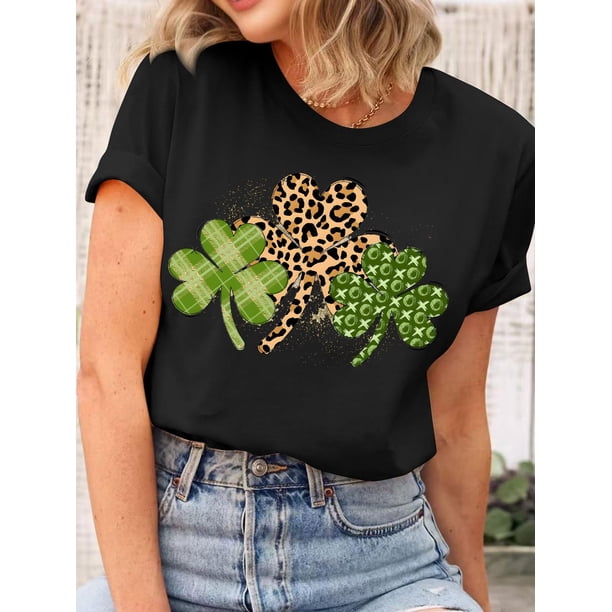 Camiseta de manga corta con estampado de trébol para mujer: estilo informal, cómoda, de algodón elástico, cuello redondo, lavable a máquina, ideal para todo tipo de climas. Para adultos, hombres, muje