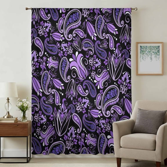 Boho Purple Floral Sheer Curtains 72 Inches Long, Farmhouse Botanical Vintage Paisley Flower Light Filering Curtains, Breathable Simi Curtain Privacy Drapes for Living Room Bedroom Window Treatment