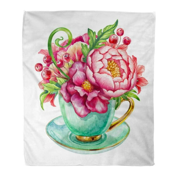 JSDART Throw Blanket Warm Cozy Print Flannel Elegant Bunch of Flowers Peonies in The Tea Cup Watercolor Shabby Chic Comfortable Soft for Bed Sofa and Couch 58x80 Inches