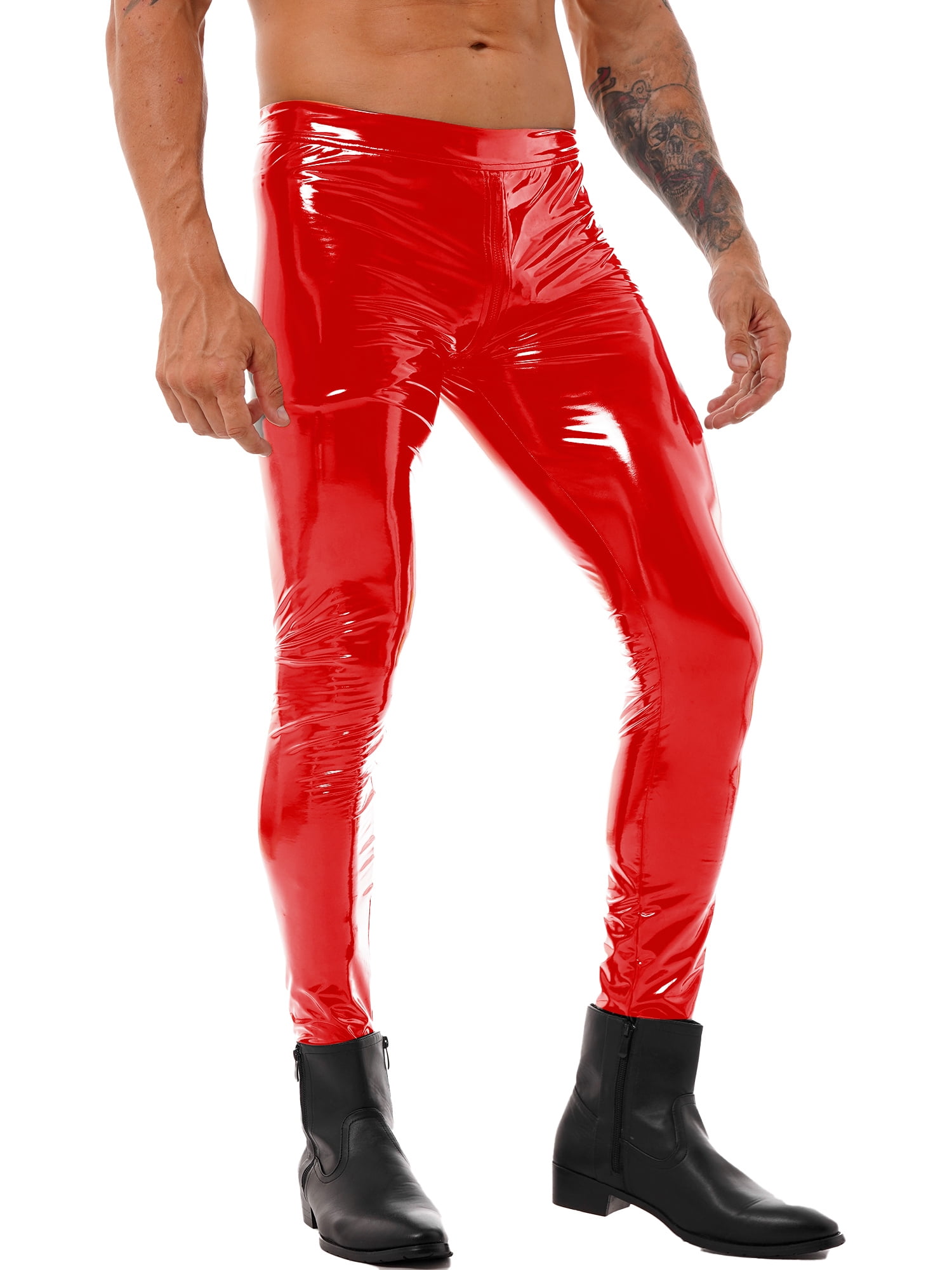 YEAHDOR Mens Faux Leather Skinny Pants Club Stage Tights Stretch Gothic Leggings Red L