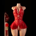 thumbnail image 2 of AESKEIA Women's Halter Neck Lace Bodysuit - Sheer and Backless Romper Lingerie Red XL, 2 of 8
