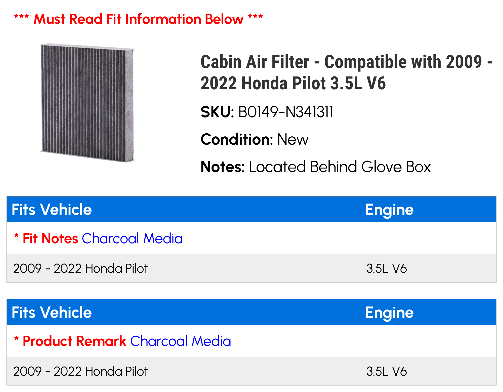 Cabin Air Filter - Compatible with 2009 - 2022 Honda Pilot 3.5L V6 2010 2011 2012 2013 2014 2015 2016 2017 2018 2019 2020 2021