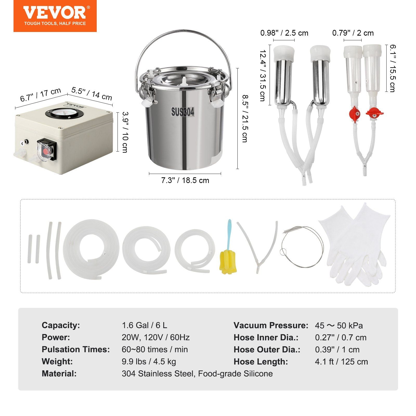 Automatic Adjustable Vacuum Milker Portable for Goats, Cows, Sheep, 304 Stainless Steel, Pulsation System, Food-Grade Silicone Accessories, 6L
