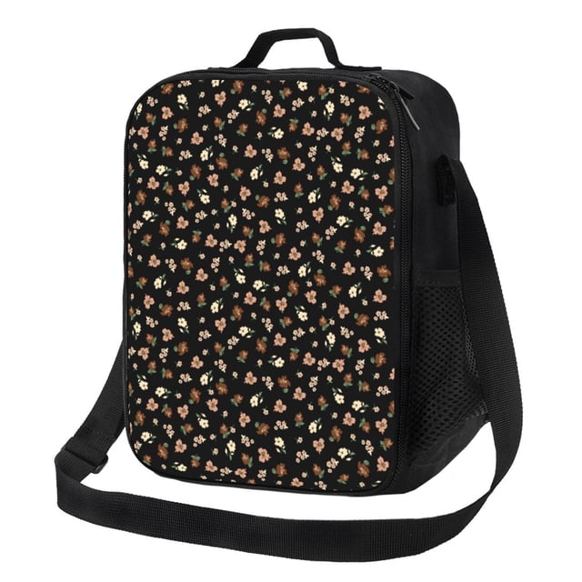 Disketp Flower Pattern On Black Bolsa Térmica Estampada para Almuerzo, Lonchera para Hombres y Mujeres Adultos