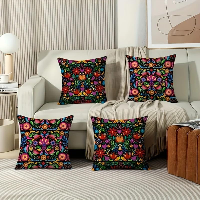 4pcs Mexican Fiesta Throw Pillow Covers,Set of 4 Dragonfly Flower Dahlia Pillow Cases Day of The Dead Dia De Los Muertos Cinco De Mayo Decorations, Short Plush Material 18x18 Pillows