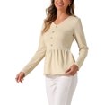 thumbnail image 4 of Camisas de V-Neck para Mujer INSPIRE CHIC con dobladillo con volantes, camisas de manga larga, botones decorativos, tops de punto waffle S Apricot Claro, 4 of 6