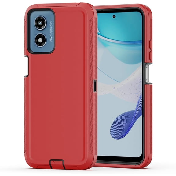 for Moto G Play 4G 2024 Case, Heavy Duty Protective Case with [3 Layers] Rugged Rubber Shockproof Protection Cover for Moto G Play 4G 2024(Red/Black)