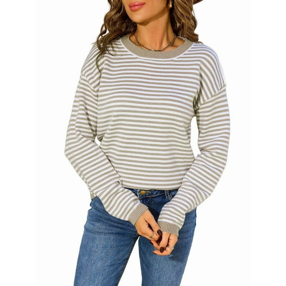 Womens Crewneck Pullover Striped Sweaters Long Sleeve Casual Winter Tops Color Block Loose Fit Warm Clothes Khaki XL