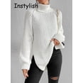 thumbnail image 2 of Suéter holgado de cuello alto de invierno para mujer, jersey elegante con mangas caídas y abertura lateral, jerséis elegantes estilo Harajuku vintage, tops de punto de gran tamaño, 2 of 5