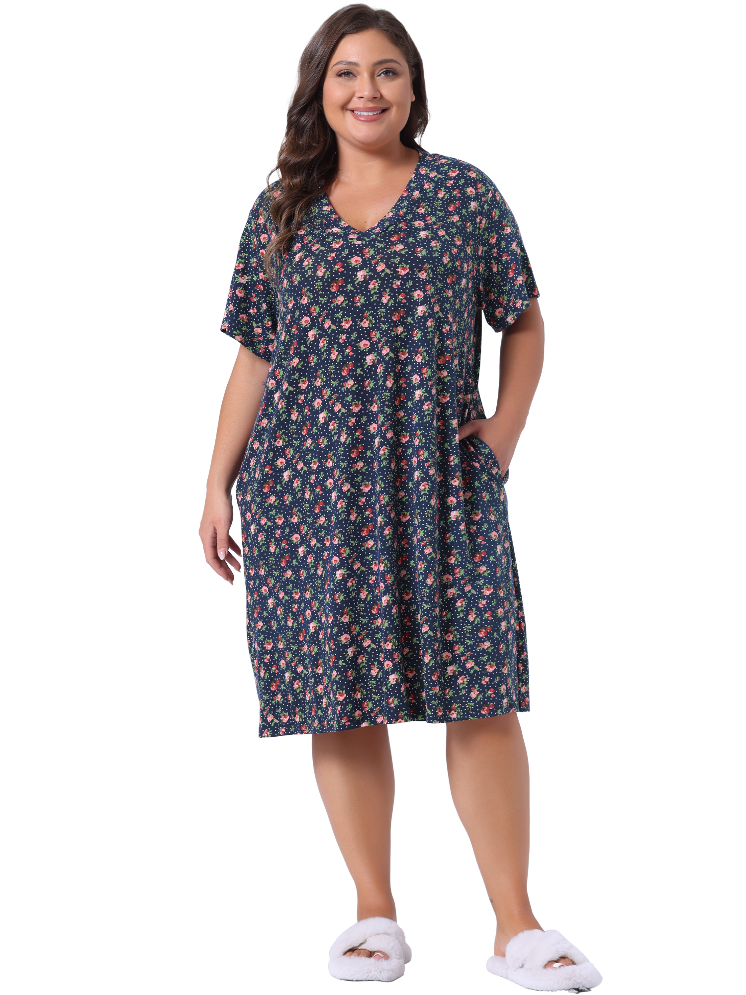 DARING DIVA Women's Plus Size V Neck Star Moon Pattern Nightgown 2X Dark Blue