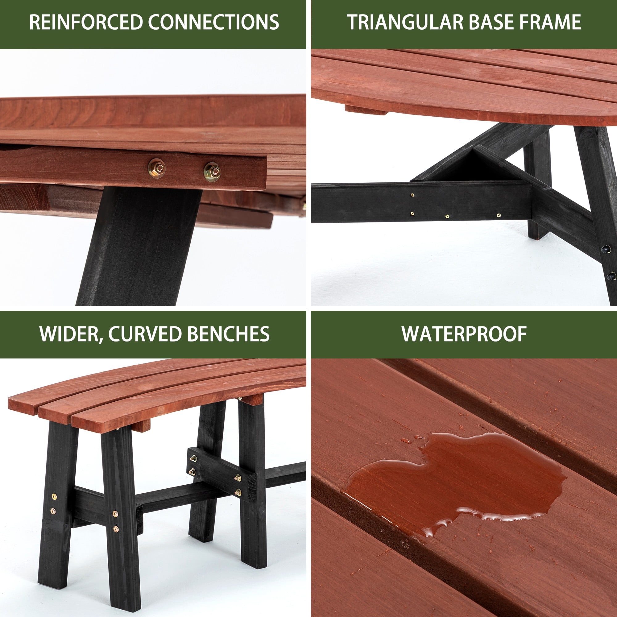 DEALTOPS 6-Person Solid Wood Triangular Picnic Table Set with 3 Benches & Umbrella Hole, Brown & Black