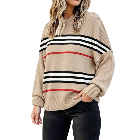 VISALY Oversized Sweaters for Women Striped Crewneck Long Sleeve Batwing Sweaters Loose Knit Pullover Shirts Cute Casual Plus Size Fashion Winter Pullover Sweater Fall Fashion Must Haves Beige L