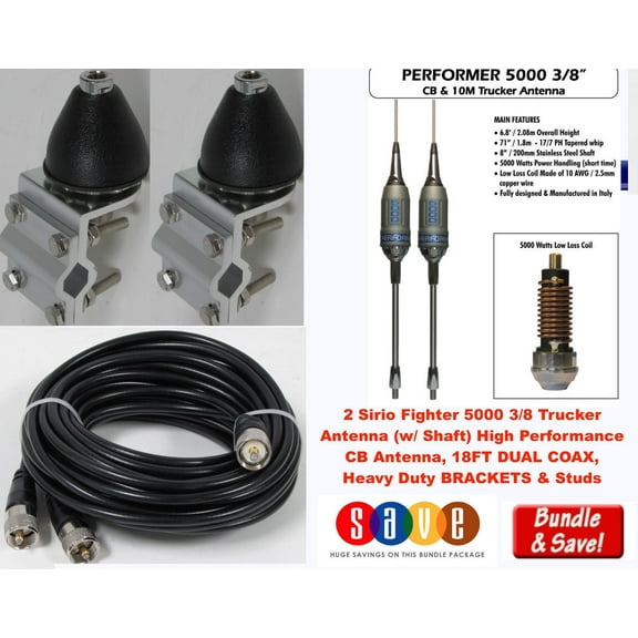 Dual Sirio Performer 5000 3/8  5000W moibile CB Trucker Antenna, COAX, BRACKETS