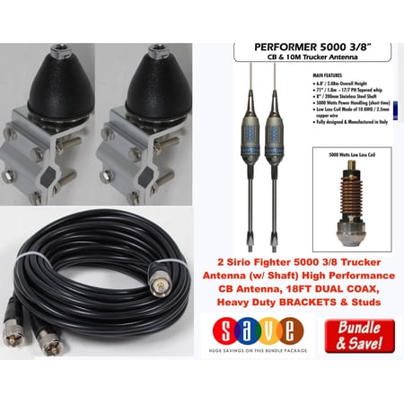 Dual Sirio Performer 5000 3/8  5000W moibile CB Trucker Antenna, COAX, BRACKETS