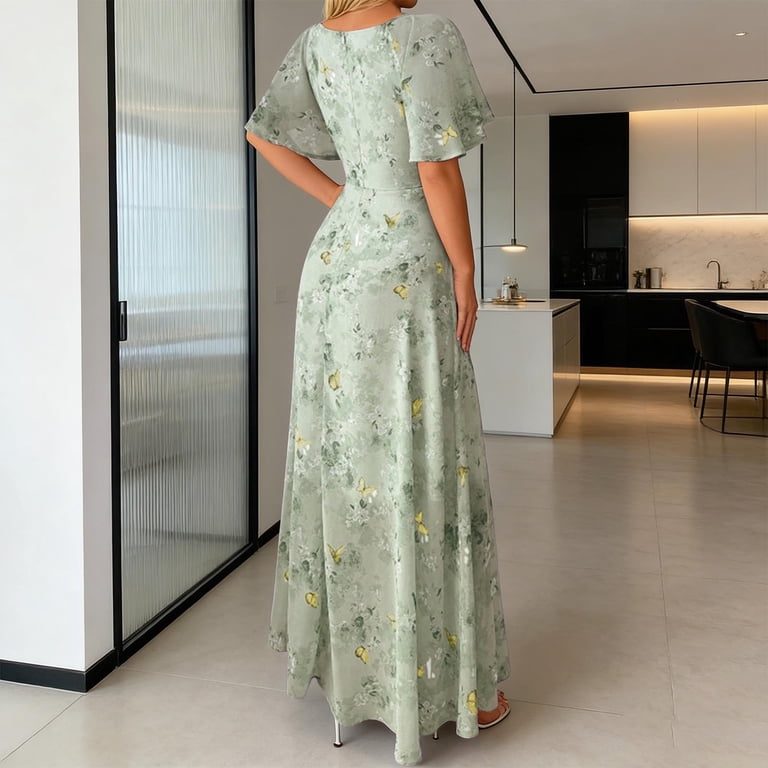 green boho wedding guest dress Handmade Green Floral Halter Maxi Dress, Backless Chiffon Boho Wedding  Guest Dress, Flowy Summer Vacation Dress, Beach Resort Gown
