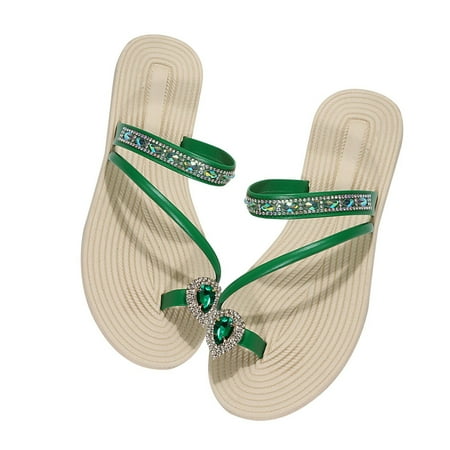 

Dpityserensio Women s Rhinestone Toe Slippers with European and American Personality Flat Bottom Green 6(37)