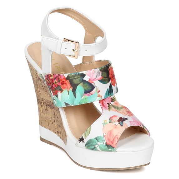 Liliana CE25 Women Floral Peep Toe Strappy Panel Wedge Sandal - White Leatherette (Size: 9.0)