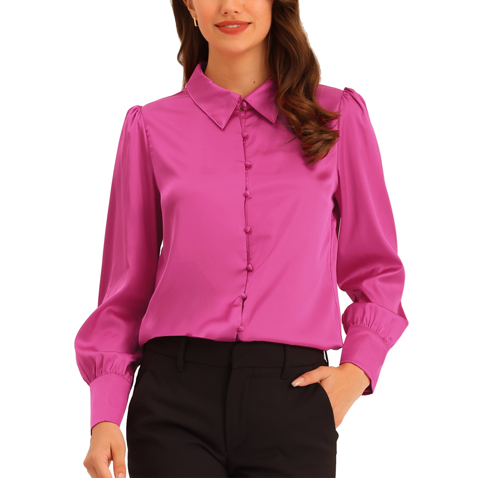 Unique Bargains Chemisier en Satin à Col Pointu Manches Longues