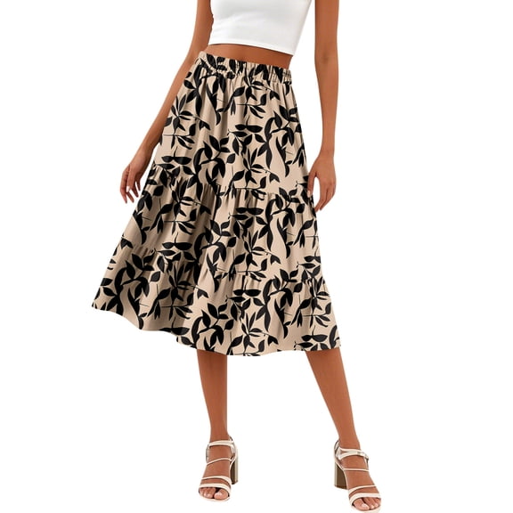 WTOBBY Women's Casual High Waist A-Line Skirt with Floral Print and Pockets, Polka Dot Stripe Design Skirt for Bohemian Style, Elastic Waist for Comfort,Camel L