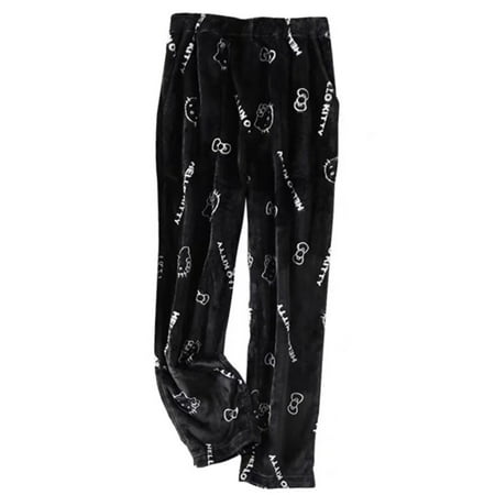 

2023 Anime Sanrio Hello Kitty Pajamas Black Flannel Women Kawaii Woolen White Cartoon Fashion Casual Autumn Trousers Home Pants
