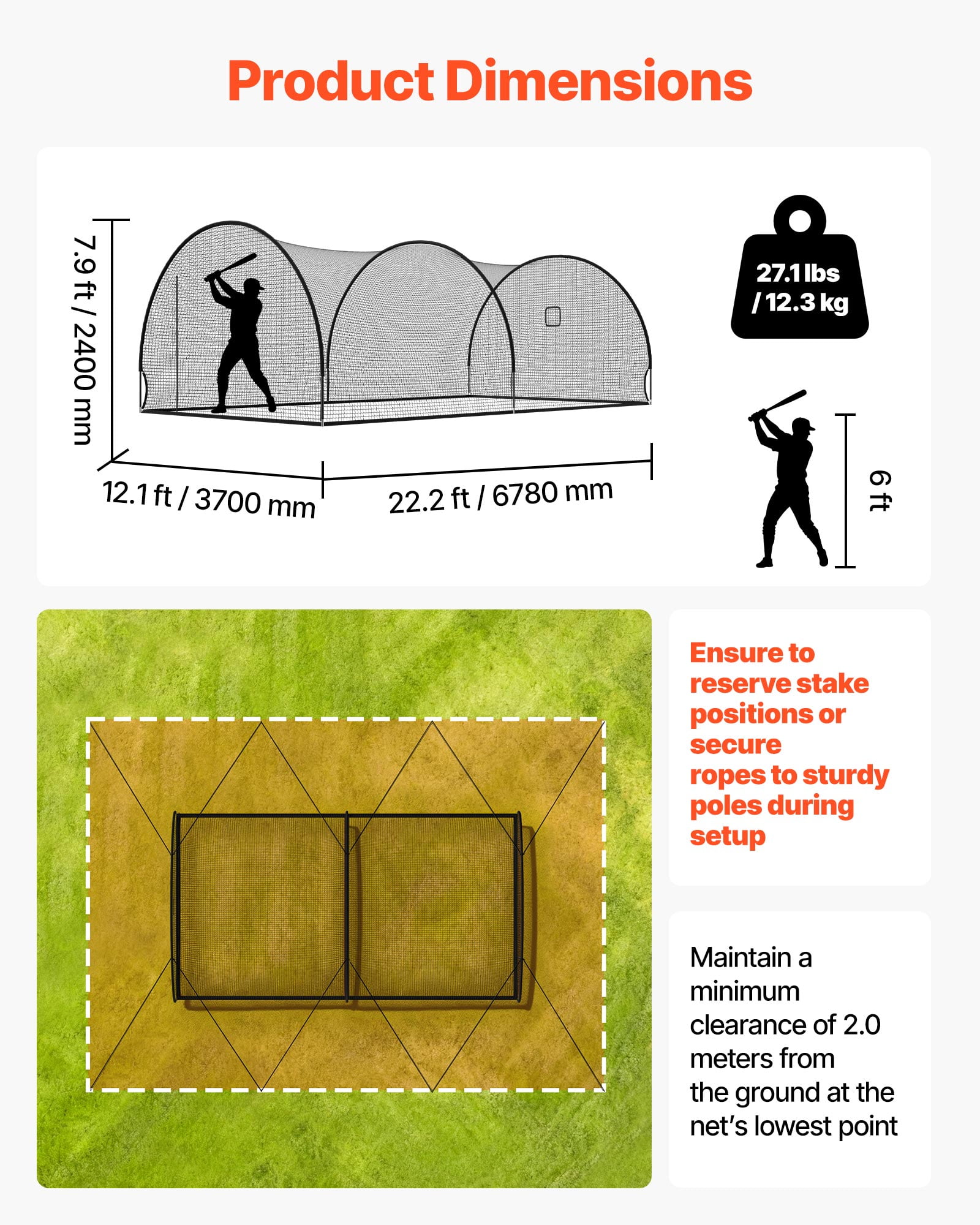 VEVOR Baseball Batting Cage, 22.2 x 12.1 x 7.9 FT Freestanding Portable Batting Cage, Hitting Cages with 4-Ply Knotless Polyester & Pitching Machine Opening, Battings Cages Netting for Indoor Outdoor
