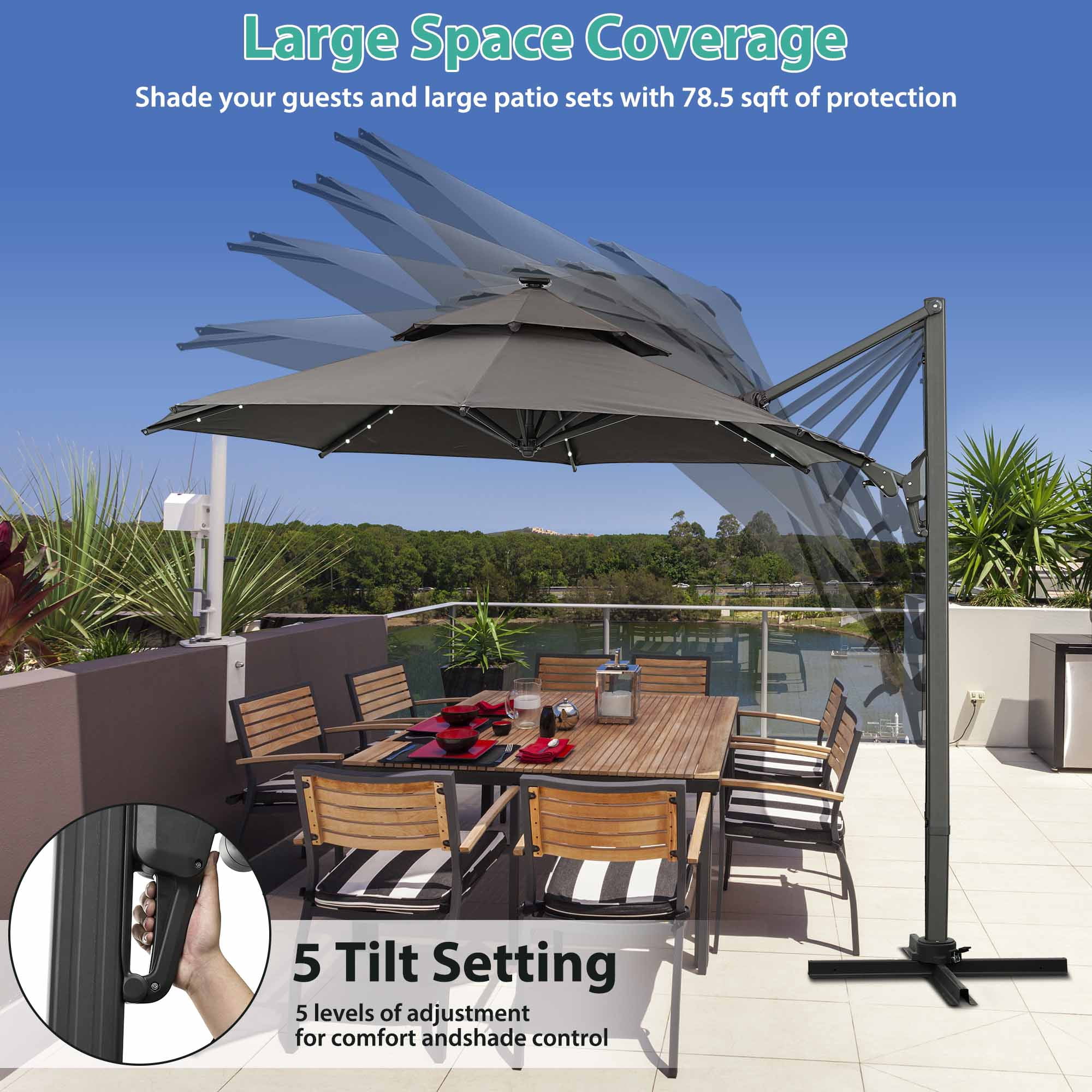 Autlaycil 10' Patio Cantilever Umbrella with Solar Lights, 5 Years Fade Resistance, Aluminum Offset Umbrella with 360-degree Rotation, Grey