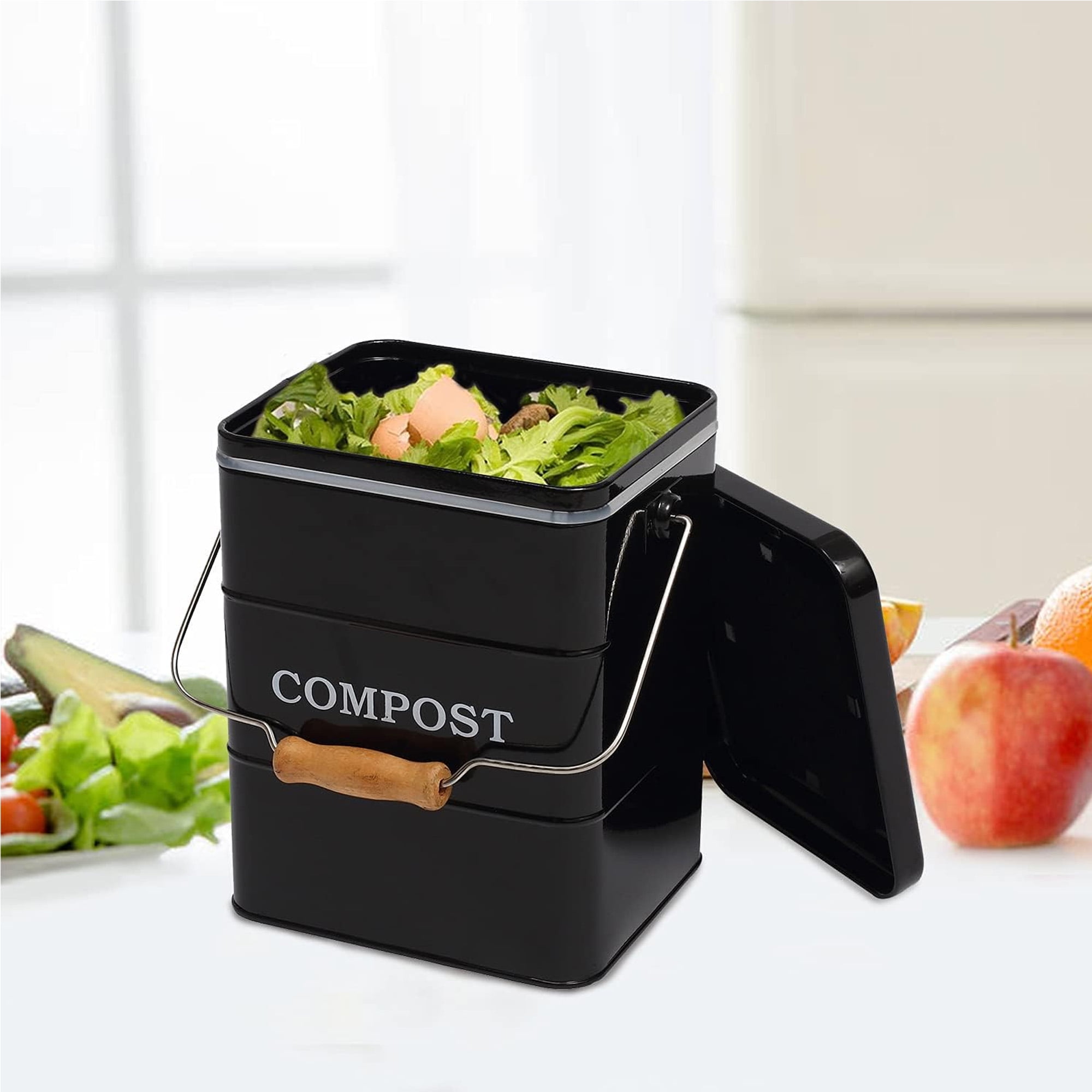 Pethiy Stainless Steel Compost Bin for Kitchen Countertop Compost Bin，1 Gallon, Kitchen Trash Can -Includes Charcoal Filter，Compost Bucket Kitchen Pail Compost with Lid-Black