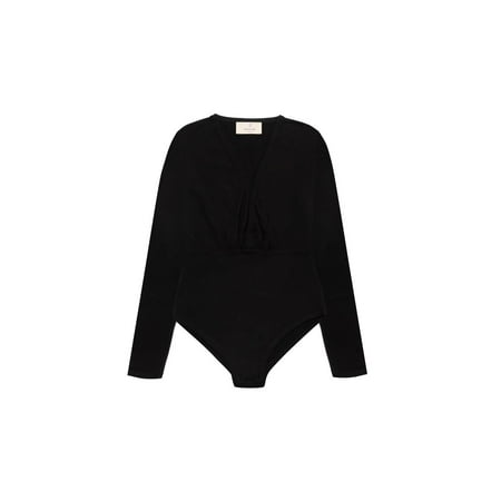 Styleboom X Peraluna DEVON BODYSUIT V-Neck Long Sleeve Women s Knitwear Body with Bottom Snaps | M - Black